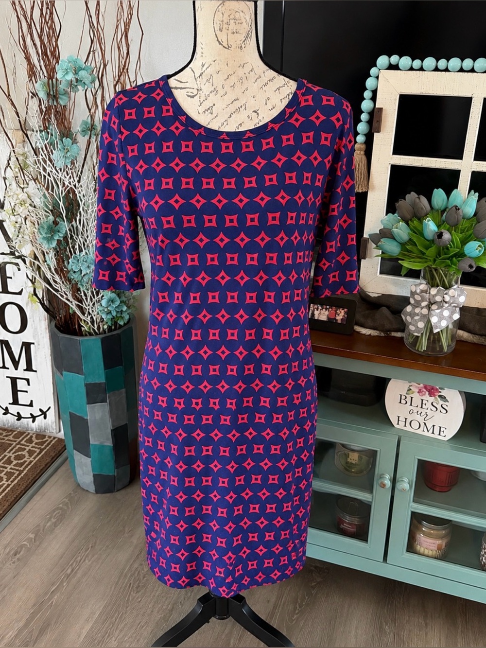 LuLaRoe Navy and Pink Geometric Midi Dress Medium